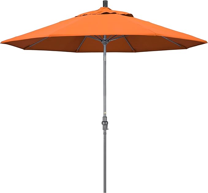 California Umbrella 9' Rd. Crank Lift, Collar Tilt, Aluminum Pole, Fiberglass Rib Patio Umbrella, Hammertone Grey Finish, Sunbrella Tangerine