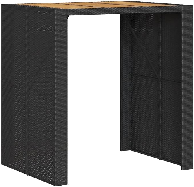Outdoor Bar Table Black Poly Rattan with Acacia Wood Top, Large Rectangular Patio Furniture for Garden Balcony Terrace, 31.5x41.3x43.3 Inch Steel Frame
