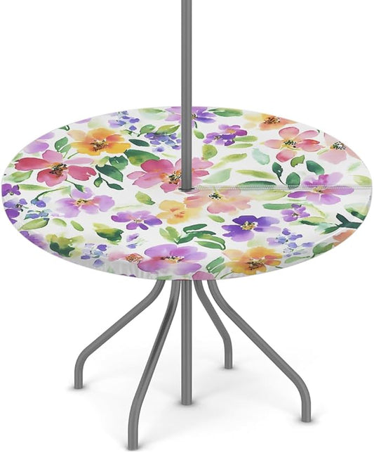 OSAM SPACE Outdoor Tablecloth with Umbrella Hole, Round Elastic Fitted Table Cloth with Invisible Zipper,Watercolor Flowers Picnic Patio Table Cover 36-44in