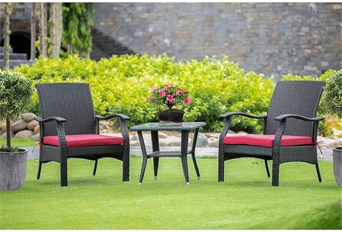 Pemberly Row Contemporary 3-Piece Metal Patio Dining Set, Black Finish, Wicker and Steel Frame with Glass Tabletop and Cushions, Weather-Resistant Outdoor Furniture for Modern Patio Spaces
