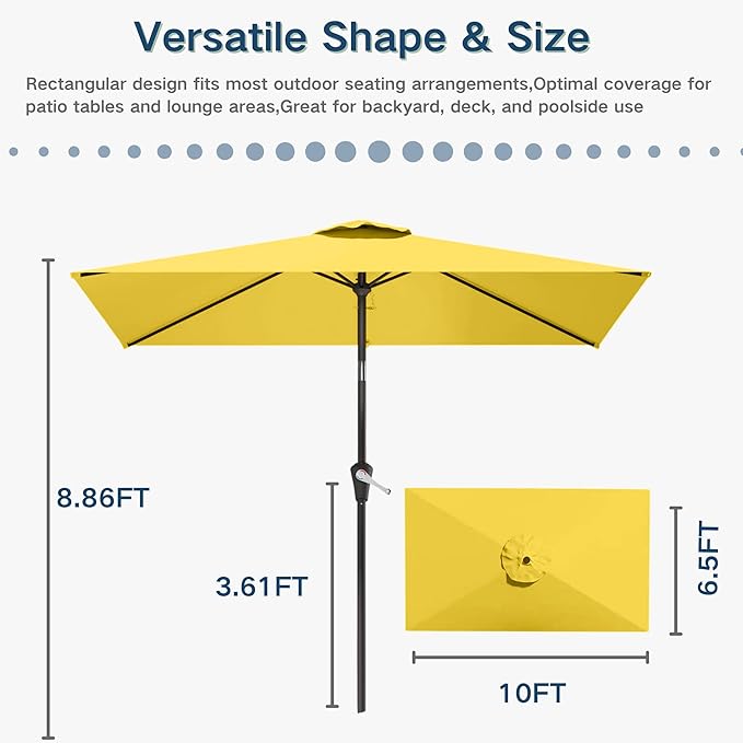 6.5'x10' Rectangular Patio Outdoor Umbrella,Large Coverage with Push-Button Tilt & UV Protection,Sturdy Ribs for Deck,Lawn,Pool,Backyard