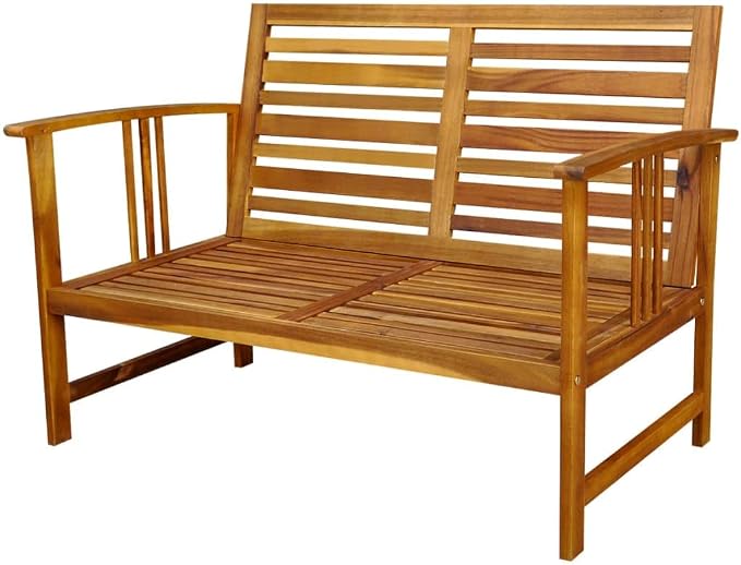 4-Piece Brown Acacia Wood Outdoor Dining Set | Includes a rectangular table, one bench, and two chairs, providing rustic seating for balconies, patios, and terraces.