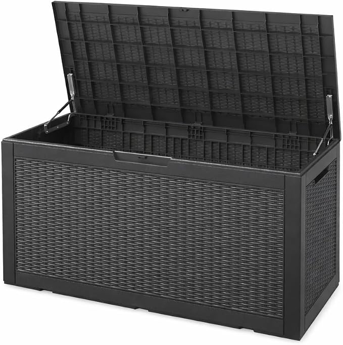 100 Gallon Resin Deck Box, Lockable Patio Outdoor Storage Box for Furniture, Garden Tools and Tools Storage, Waterproof Outside Storage Boxes - Black