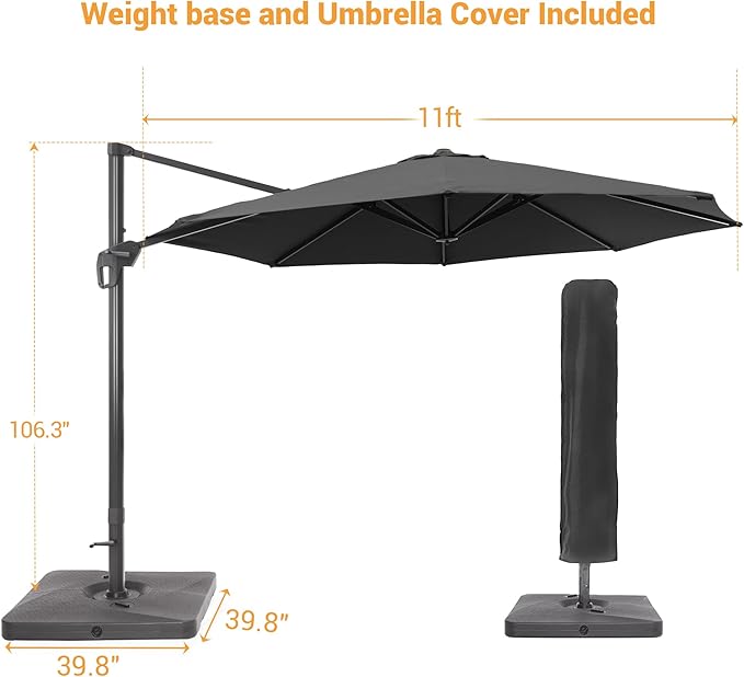 FLAME&SHADE 11 ft Cantilever Offset Patio Umbrella, Large Heavy Duty Outdoor Patio Umbrella Aluminum 360° Rotation Round Outdoor Umbrella for Deck,Pool,Backyard