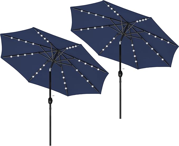 Simple Deluxe 9' Solar Umbrella 32 LED Lighted Patio Umbrella Table Market Umbrella with Push Button Tilt/Crank Outdoor Umbrella for Garden, Deck, Backyard and Pool