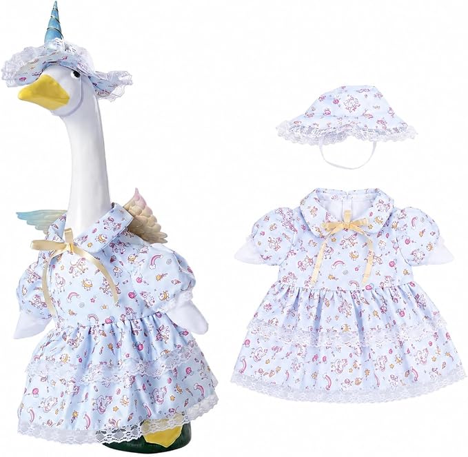 Unicorn Fairy Porch Goose Outfit, Pastel Lace Ruffle Dress & Horn Hat with Iridescent Wings, Fits Standard 23 Inch Lawn Goose Statue, Outdoor Garden Yard Decor