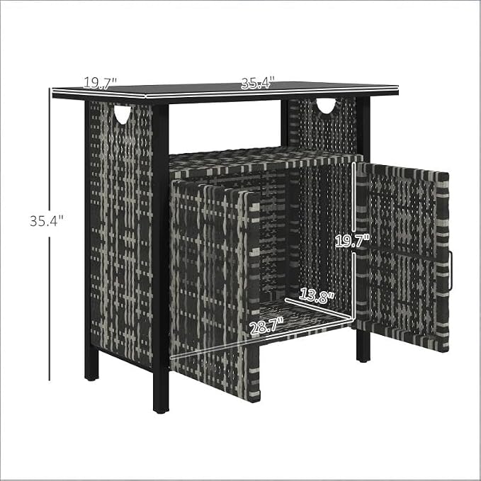 Outdoor Deck Box Storage Cabinet for Pool Towels and Patio Accessories, Wicker Style Patio Storage Box with Steel Frame and Wood Grain Top, 35.4 x 19.7 x 35.4 Inches, Mixed Color