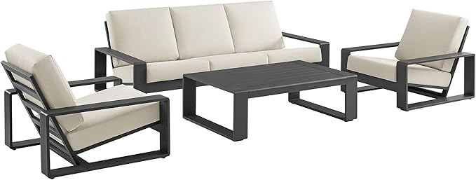 Modway Lirienne Aluminum 4-Piece Outdoor Furniture Set in Cream – Patio Conversation Set with 3-Seater Sofa, 2 Armchairs & Coffee Table