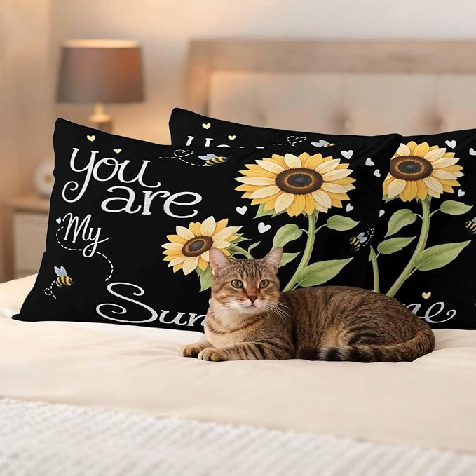 Outdoor Pillow Covers You are My Sunshine Words Decorative Throw Pillow Covers, Country Sunflowers Bees Throw Cushion Case with Zipper for Patio,Couch,Sofa,Garden 20x12in Set of 2