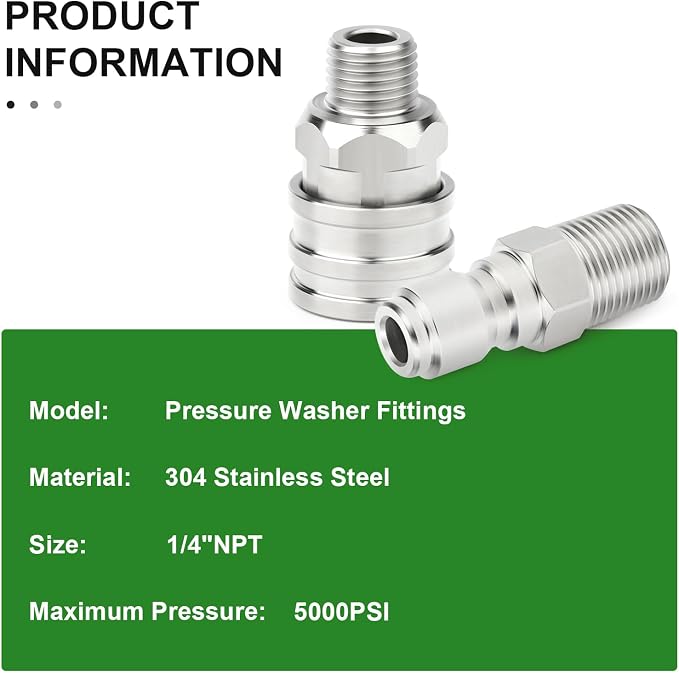 TAISHER 6PCS 304 Stainless Steel 1/4" Female NPT High Pressure Washer Quick Connect Coupler for Pressure Washing Gun Hose Accessories