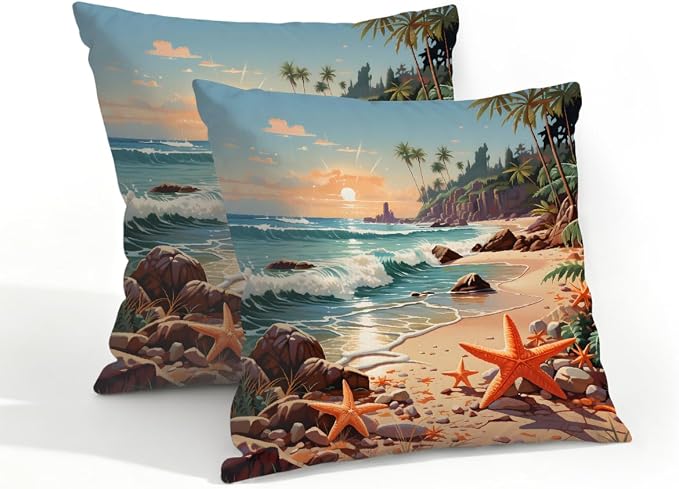18x18 Inch Outdoor Pillow Covers Set of 2 Waterproof Throw Pillow Covers Decorative Couch Cushion Covers Beach Seaside Starfish Square Pillowcases Protectors for Patio Garden Sofa