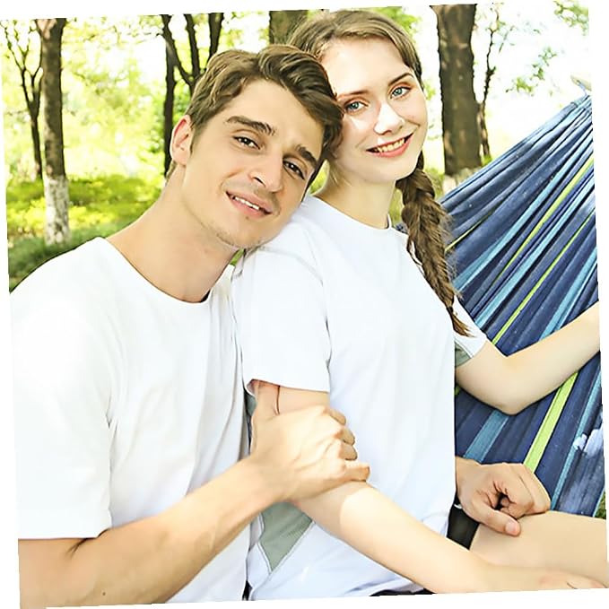 GANAZONO Double Camping Hammock Swing for Two Adults, Outdoor Portable Canvas Hanging Hammock with Widened Thickened Blue Material, Suitable for Travel, Hiking, Backyard, and Patio Use