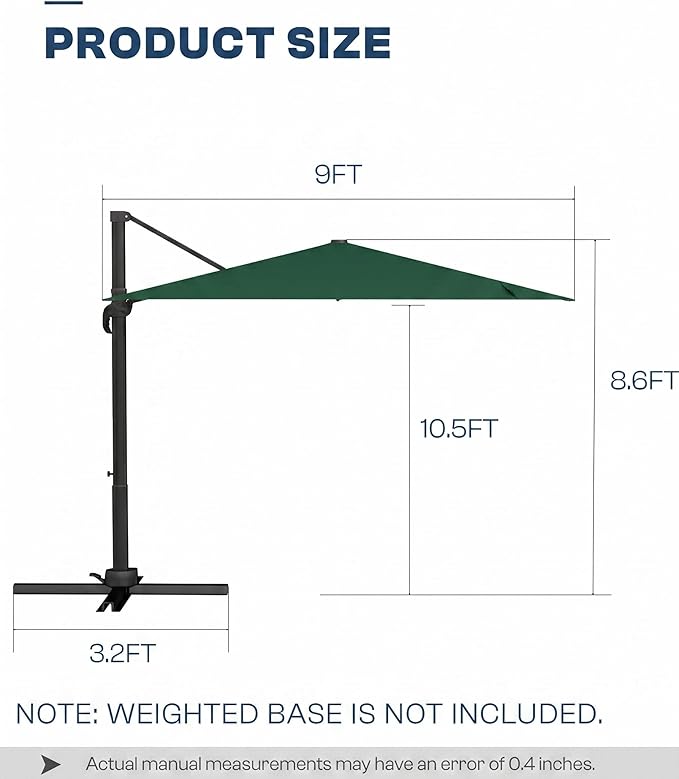 9x9 FT Square Cantilever Umbrella,Easy Tilt, Fade Resistant & 360° Rotation, Offset for Pool Deck Backyard Patiodark green (Base not Included)