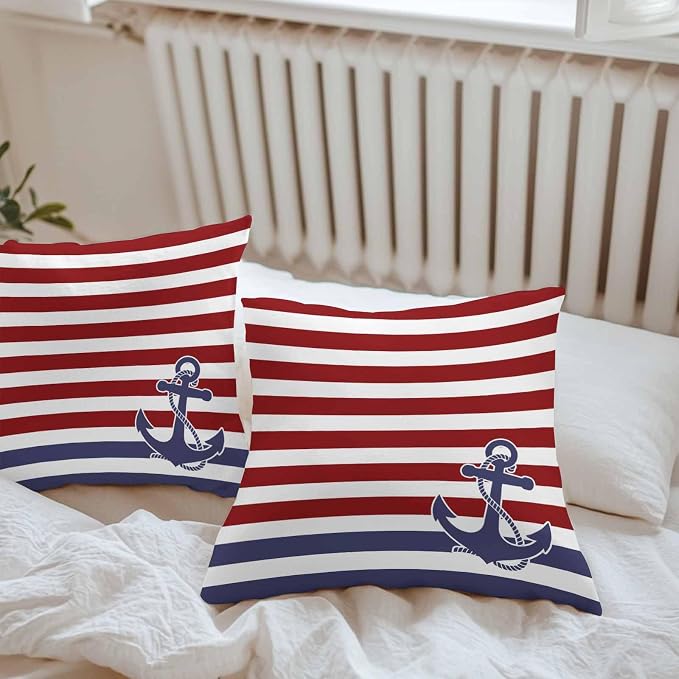 Throw Pillow Covers 26x26 Inch Set of 2, Anchor Red Waterproof Outdoor Cushion Covers, Modern Navy Blue White Striped Nautical Decorative Pillowcases for Couch, Sofa, Bed, Garden, Patio