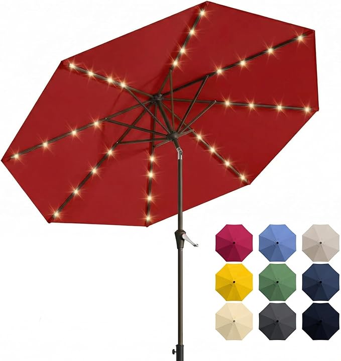 10FT Solar Patio Umbrella with Lights, Outdoor Table Market Umbrella with 32 LED Lights, 8 Sturdy Ribs, Push Button Tilt and Crank for Pool, Deck and Garden, UV-Resistant
