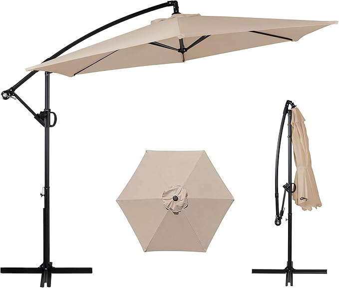 Shintenchi Offset Patio Umbrella with Easy Tilt Adjustment,Crank and Cross Base, Outdoor Cantilever Hanging Umbrella, Sunshade Free Standing Canopy, Khaki