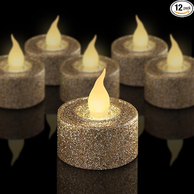 FURORA LIGHTING Champaign Gold Glitter LED Tealight Candles Pack of 12, Flameless Flickering Tealight Candles for Home Décor, 1.5’’(W) x 1.65’’(H), Battery Operated