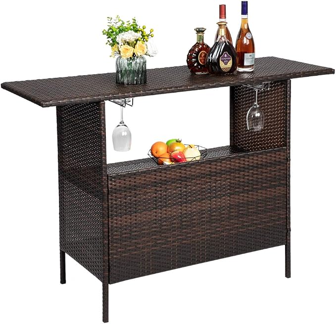 Modern bar and pub table set Bar Table for Pub, Kitchen Dining Coffee Table Table Bar Height Cocktail Table Tall Table for Kitchen Bistro Cafe Patio Outdoors Kitchen Cart with Wine Rack Glasses Holder