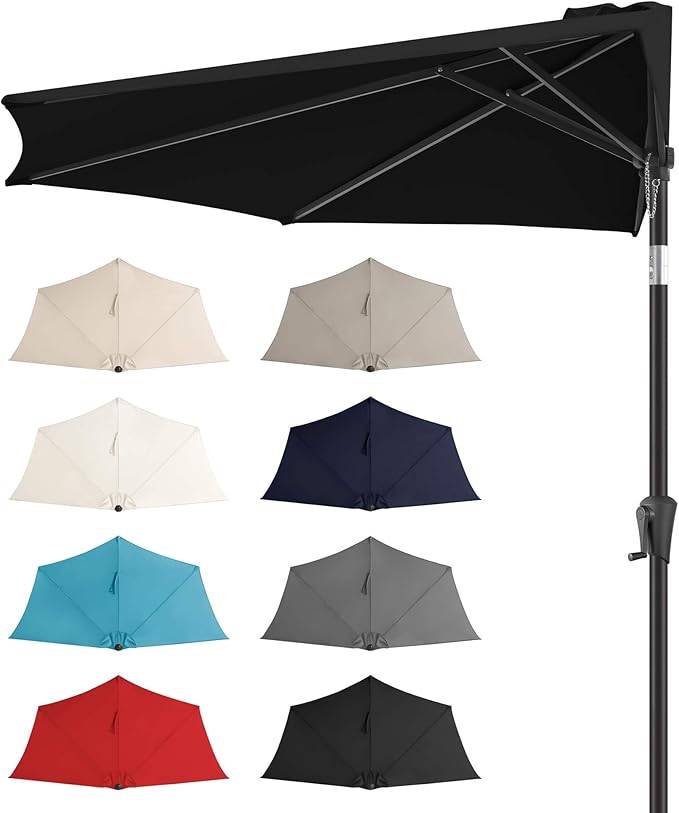 FLAME&SHADE 9ft Half Patio Umbrella - Half Outdoor Umbrella with Tilt UV Protection Waterprool, Half Round Table Umbrella for Wall Balcony, Pool, Porch, Garden, Deck, Market, Backyard (Black)