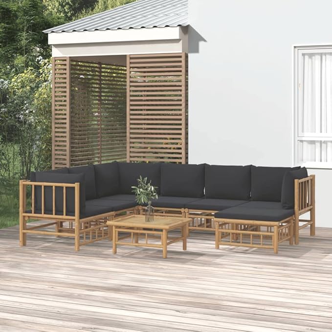 8 Piece Patio Lounge Set with Dark Gray Cushions, Outdoor Dining Sets Outdoor Sofa Sets Patio Conversation Set Sectional Sofa for Piazza Garden Negotiation Area Exhibition Bamboo