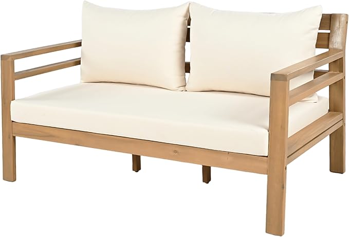Christopher Knight Home Jamaia 2 Pieces Acacia Furniture Set, Patio Conversation Chat 2-Seat Sofa Set with Coffee Table, Outdoor Acacia Loveseat Set for Garden Porch Backyard Balcony, Light Teak+Beige
