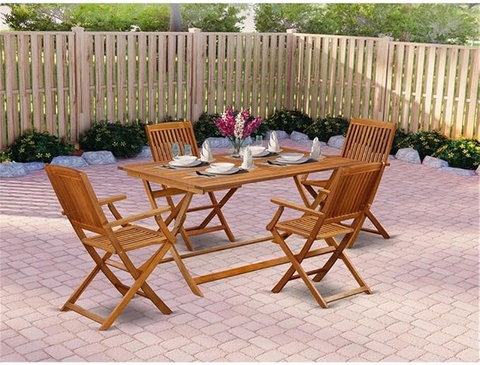 Pemberly Row 5-Piece Acacia Wood Patio Dining Set, Natural Oil Finish, Includes Rectangular Table with X-Style Legs and 4 Folding Armchairs, Weather-Resistant Outdoor Furniture for Porch, Balcony,