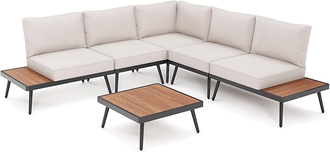 LAUSAINT HOME 6 Pieces Outdoor Patio Furniture Set, L Shaped Patio Sofa with Coffee Top Table, Metal Conversation Set with Coffee Table and Thickened Cushions for Poolside, Patio, Yard, Beige