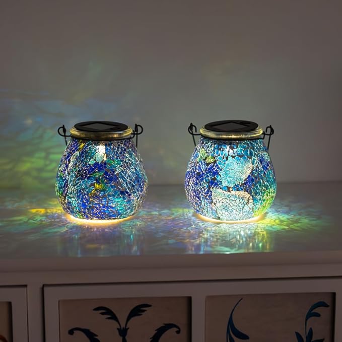 Stargarden 4 Pack Mosaic Solar Lantern ,Outdoor Hanging Waterproof Mosaic Light Solar Table Lamp for Garden ,Patio,Yard Decor (Blue )
