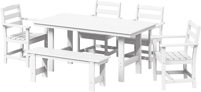 WestinTrends Ashore 6-Piece Outdoor HDPE Patio Dining Table Set with Bench, White