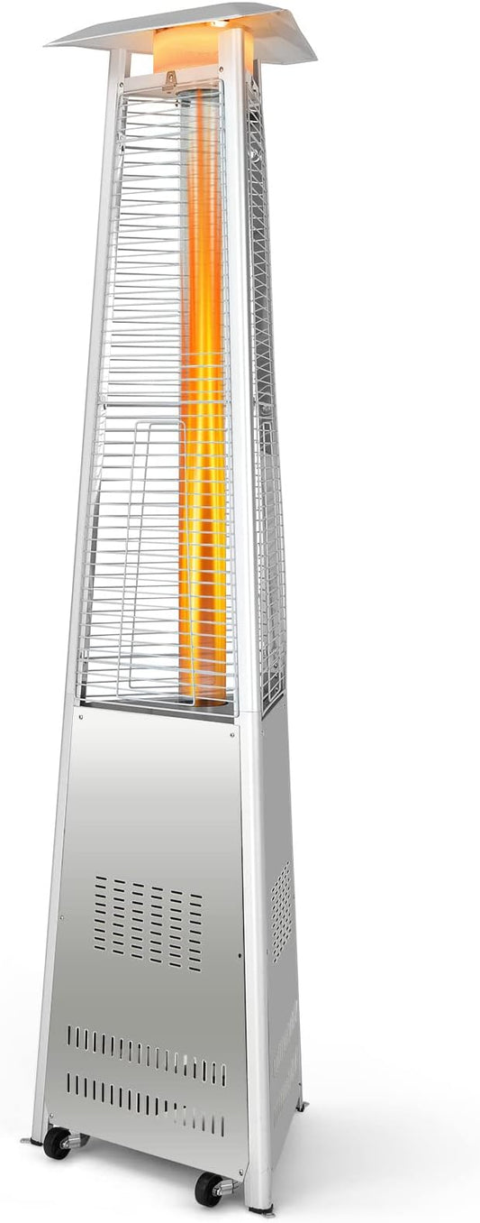 Giantex Portable Patio Heater, 42,000 BTU Pyramid Stainless Steel Outdoor Patio Heater w/ Simple Ignition System and Wheels, Outdoor Heater with Tip-Over & Flameout Protection for Backyard, Garden (Silver)