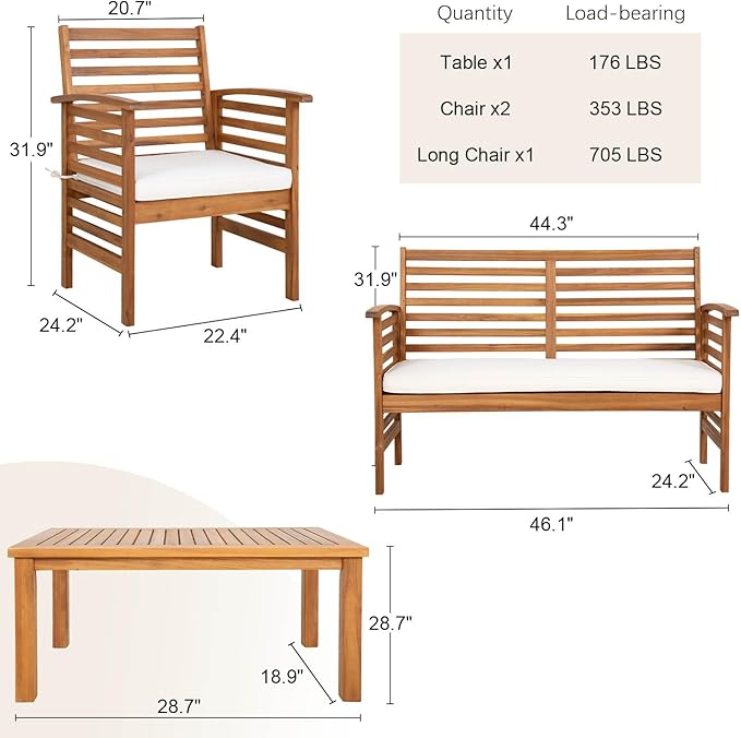 Outdoor Wood Sofa Set Patio Conversation Sets Acacia Patio Sofas Set with Thick and Soft Cushions Easy to Assemble Patio Furniture Set Natural Acacia Wood Compact and Sturdy Design Furniture Set
