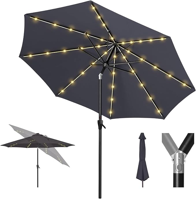 Tempera Solar Patio Umbrella 40 LED Lighted Outdoor Umbrella Table Market Umbrella with Push Button Tilt and Crank, Solar Umbrella with Sturdy Pole&Fade Resistant Canopy, Easy to Set