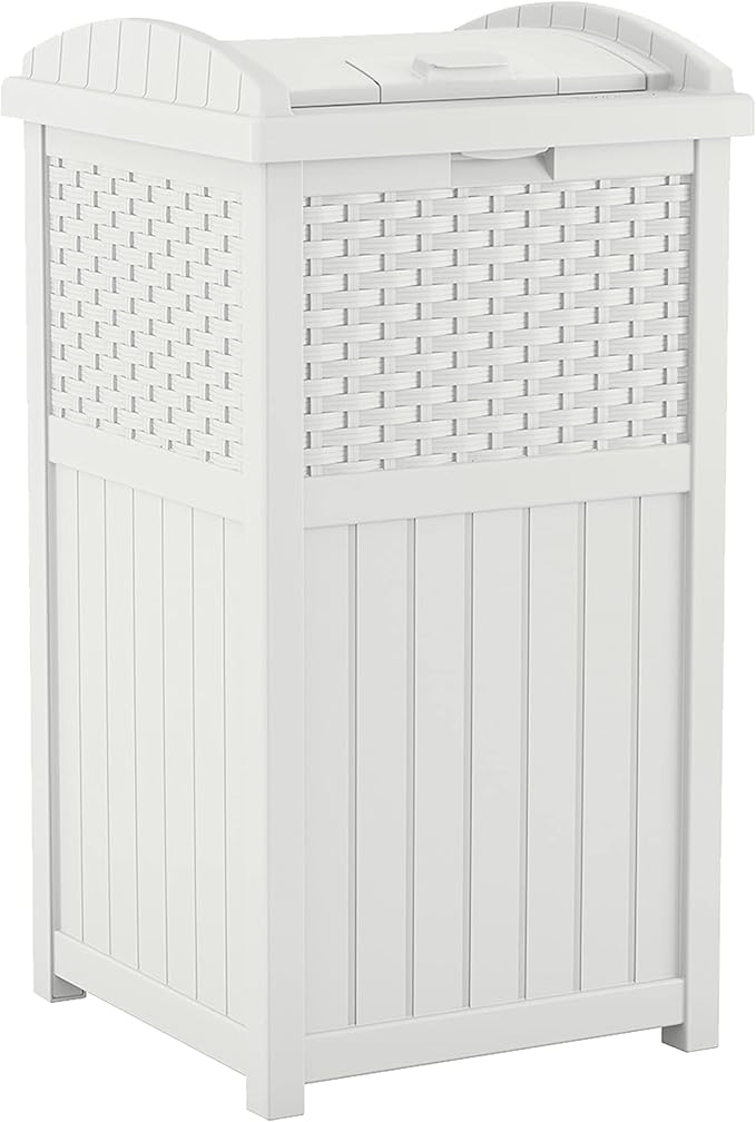 Suncast 99 Gal Resin Wicker Patio Storage Box - Water Resistant Outdoor Storage Container White & 33 Gal Hideaway Trash Can for Patio - Resin Outdoor Trash with Lid