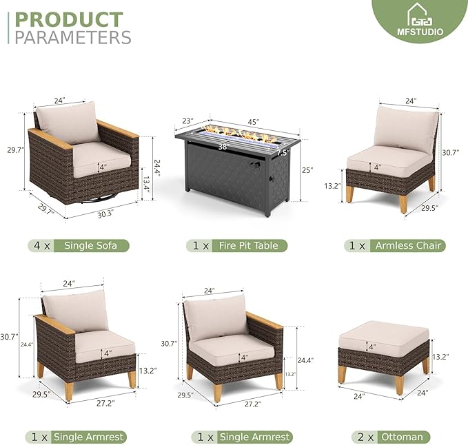 MFSTUDIO 10 Piece Wicker Patio Furniture Sets with Fire Pit Table, 4 x Swivel Sofa, 2 x Ottoman, 3-Seat Sofa, All-Weather PE Rattan Patio Conversation Set Outdoor Sectional Sofas(Beige Cushions)