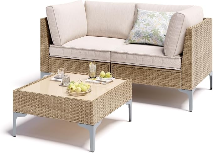Jing's Villa 3-Piece Outdoor Patio Furniture Set, All-Weather Wicker Sectional Sofa with Coffee Table & Thick Anti-Slip Cushions for Backyard,Lounge,Garden,Deck, Beige