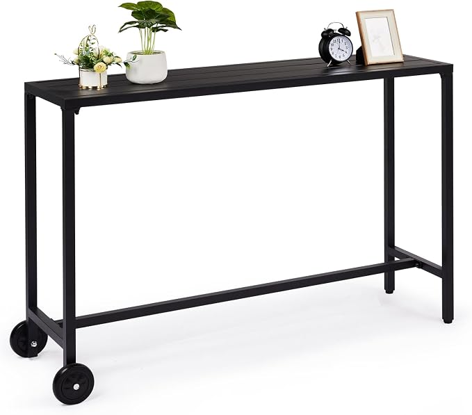 55" Outdoor Patio Bar Table,Rectangle Narrow Outdoor Counter Height Bar Table,Metal Patio Pub Bistro Cocktail Table,with Wheels,for Patio Garden Deck Yard Poolside Balcony (Black)
