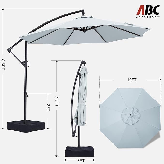 ABCCANOPY 10FT Cantilever Patio Umbrella with base included, 360° Rotation Outdoor Offset Umbrella Bonus Fix Frame & Weights Bag (Light Gray)