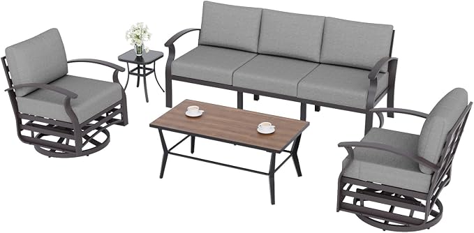 ALAULM Aluminum Patio Furniture Set with Coffee Table Rectangular, 5-seat Outdoor Sectional Furniture w/2 Swivel Chairs, Patio Conversation Set for Porch, Backyard, Poolside-Grey