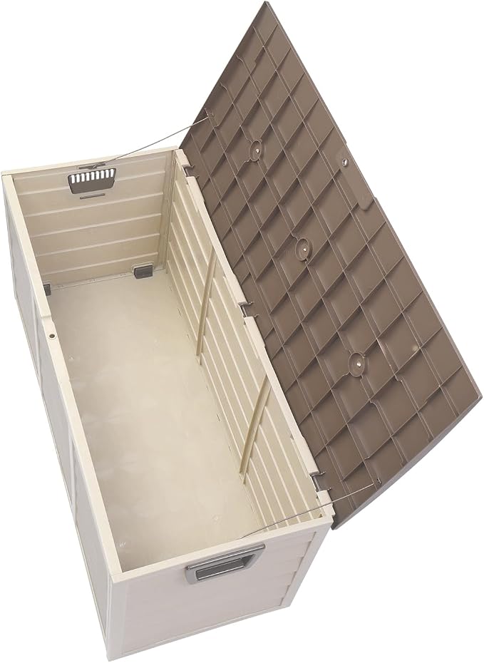 Medium Sized Outdoor Storage Box With Lid, Deck Boxes Waterproof, Plastics Outdoor Storage Cabinet, Push-Pull Patio Storage Box With 2 Pulleys At The Bottom(75Gal) (Gray brown)