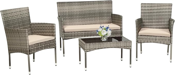 PayLessHere Outdoor Furniture Set 4 Pcs Modular Patio Furniture Set Water Resistant Conversation Set with 3 Rattan Chairs 1 Tempered Glass Topped Table for Patio Poolside, Gray Wicker/Khaki Cushions