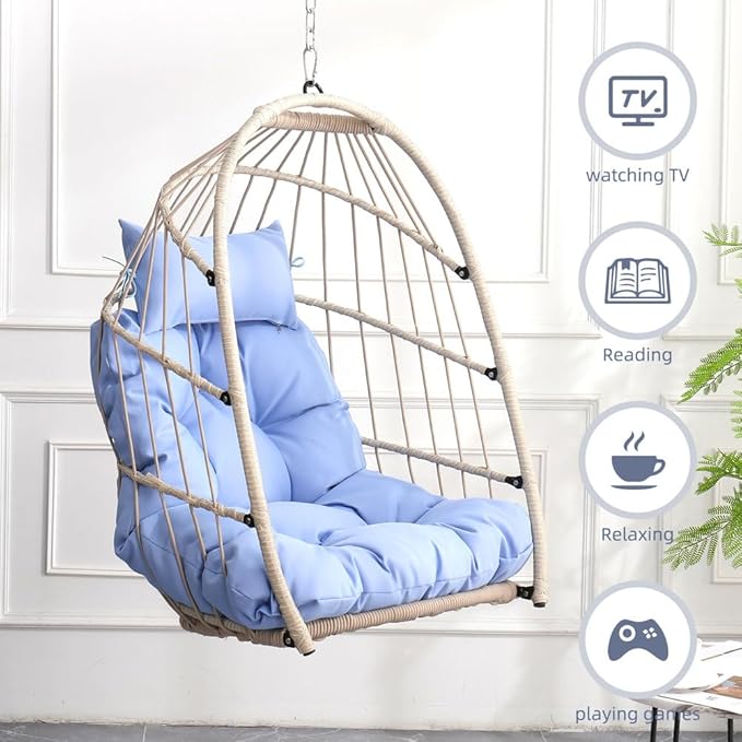 Hanging Egg Chair Without Stand – Foldable Rattan Wicker Swing Chair with Cushion & Headrest, 350lbs Capacity, Ceiling/Tree Mount Kit Included for Indoor Outdoor Use,Blue