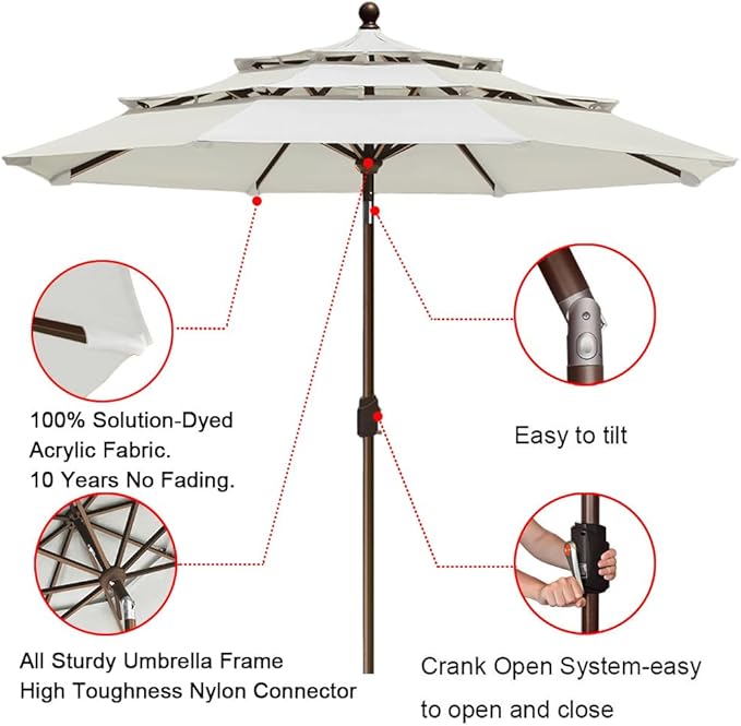 EliteShade USA 10-Year-Non-Fading 9ft 3-Tier Market Patio Umbrella, Commercial Grade Outdoor Table Umbrella with Crank Open, Windproof & UPF 50+ UV Protection, Heavy Duty Ventilation for Garden, Deck, Pool, Backyard, Beach & Bistro, White