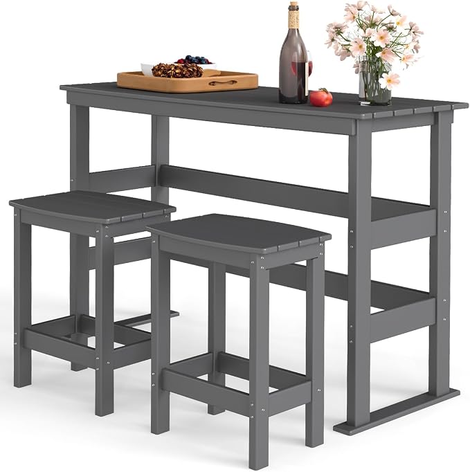 GREENVINES Outdoor Bar Set | HDPE Plastic | 3-Piece | 37″ Counter Height Patio Table & 2 Backless Stools | Rectangle | High Top | All Weather | for Backyard Balcony Poolside | Grey