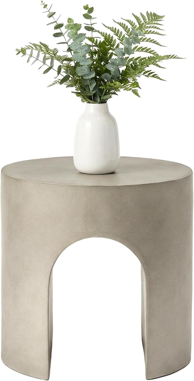 HOMPUS Outdoor Side Table, Concrete End Table w Arch Design, Round Patio MgO Coffee Lightweight Table, Modern Accent Stone Garden Stool for Indoor Outdoor Use, Gray