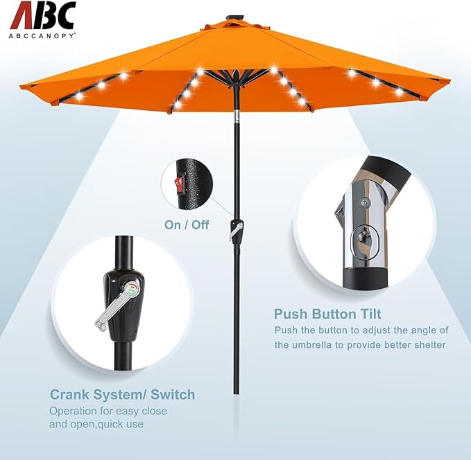 ABCCANOPY Outdoor 11FT Solar Led Patio Umbrellas with 32LED Lights (Orange)