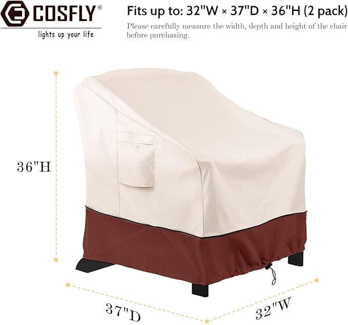 COSFLY Patio Furniture Covers 2 Pack, 600D Waterproof Outdoor Chair Covers for Deep Chairs, All-Weather UV Resistant Protection with Adjustable Straps & Air Vents, Fits up to 32" W x 37" D x 36" H