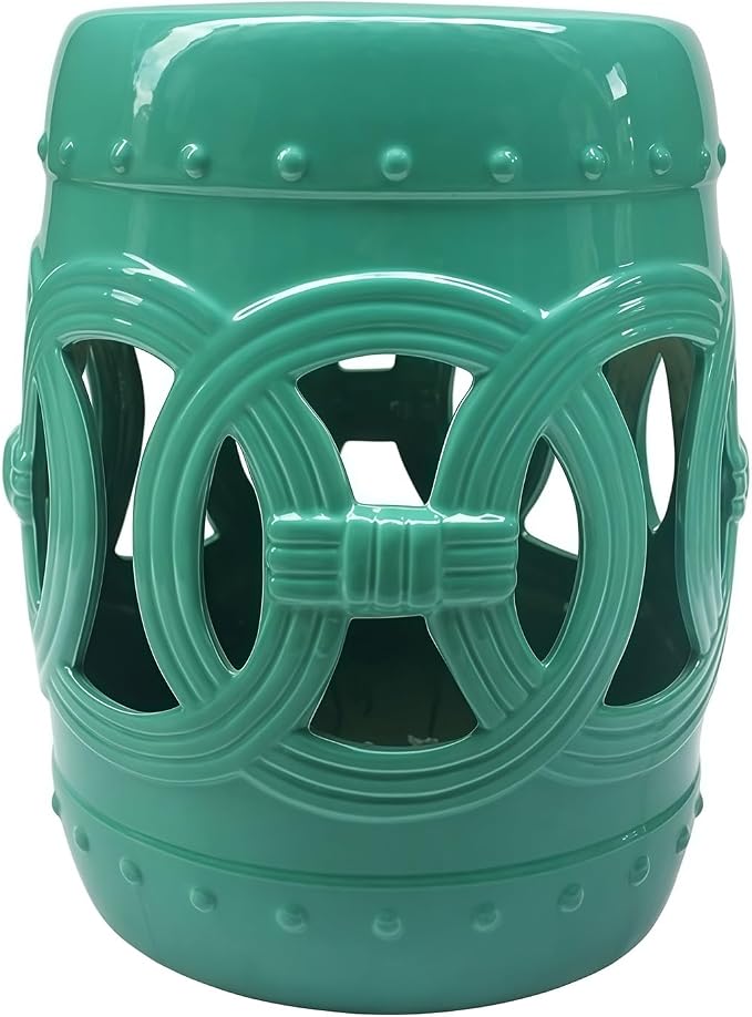 Decorative Ceramic Garden Stool, Hand-Crafted Outdoor Side Table, Shoe Changing Drum Stool for Patio, Living Room Accent Furniture(Teal)