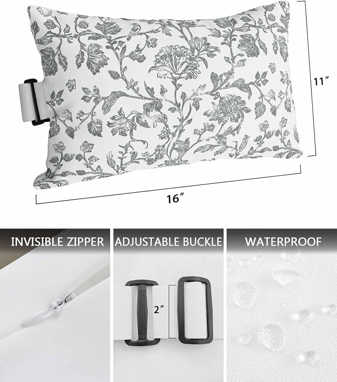 Pack of 4 Outdoor Lumbar Pillow Covers 11x16 Inch, Spring Flower Waterproof Throw Pillow Covers Set, Vintage Farmhouse Blue Grey Boho Leaf Indoor&Outdoor Decorative Cushion Cases for Patio Porch Beach
