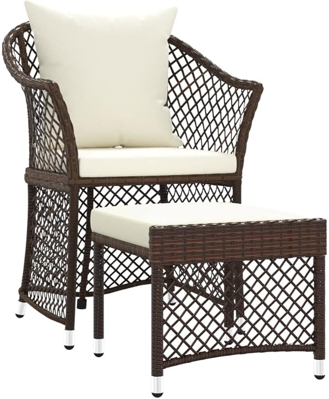 2 Piece Patio Lounge Set of Round Brown and White Poly Rattan Chairs with Steel Frame 16.9 x 16.5 x 14.4 in Small Outdoor Furniture for Balcony Garden Apartment Porch