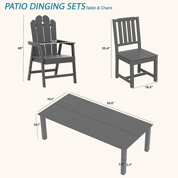 11-Piece Patio Dining Set for 10, HDPE All-Weather Outdoor Furniture with Umbrella Hole Table, 89.76” Oversized Table, 2 Armchairs & 8 Armless Chairs, Gray